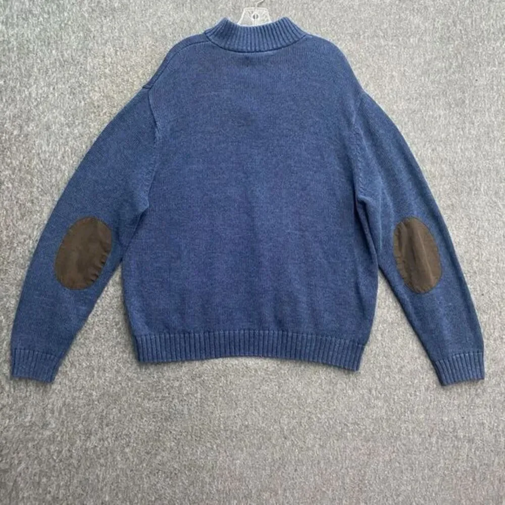 Chaps Men's 2XL Navy Blue Leather Elbow Patches‎ 1/4 Mock Neck Button Grandpa